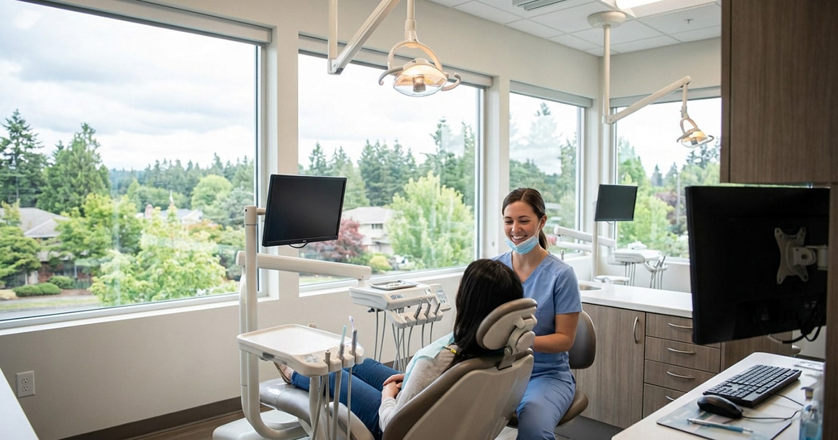 Friendly dental hygienist in scrubs smiling at a patient in a modern Spokane dental office