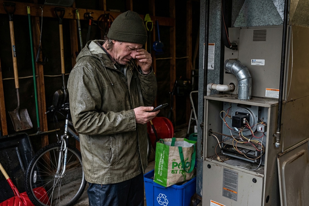 Frustrated homeowner standing next to a broken outdoor AC unit holding a phone