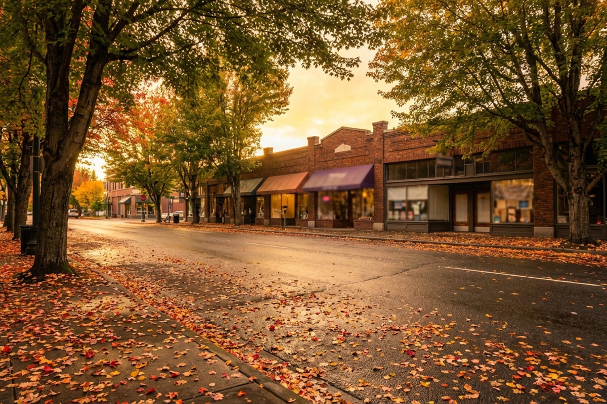 Spokane neighborhood street in autumn with golden light through trees and blurred local storefronts in the background