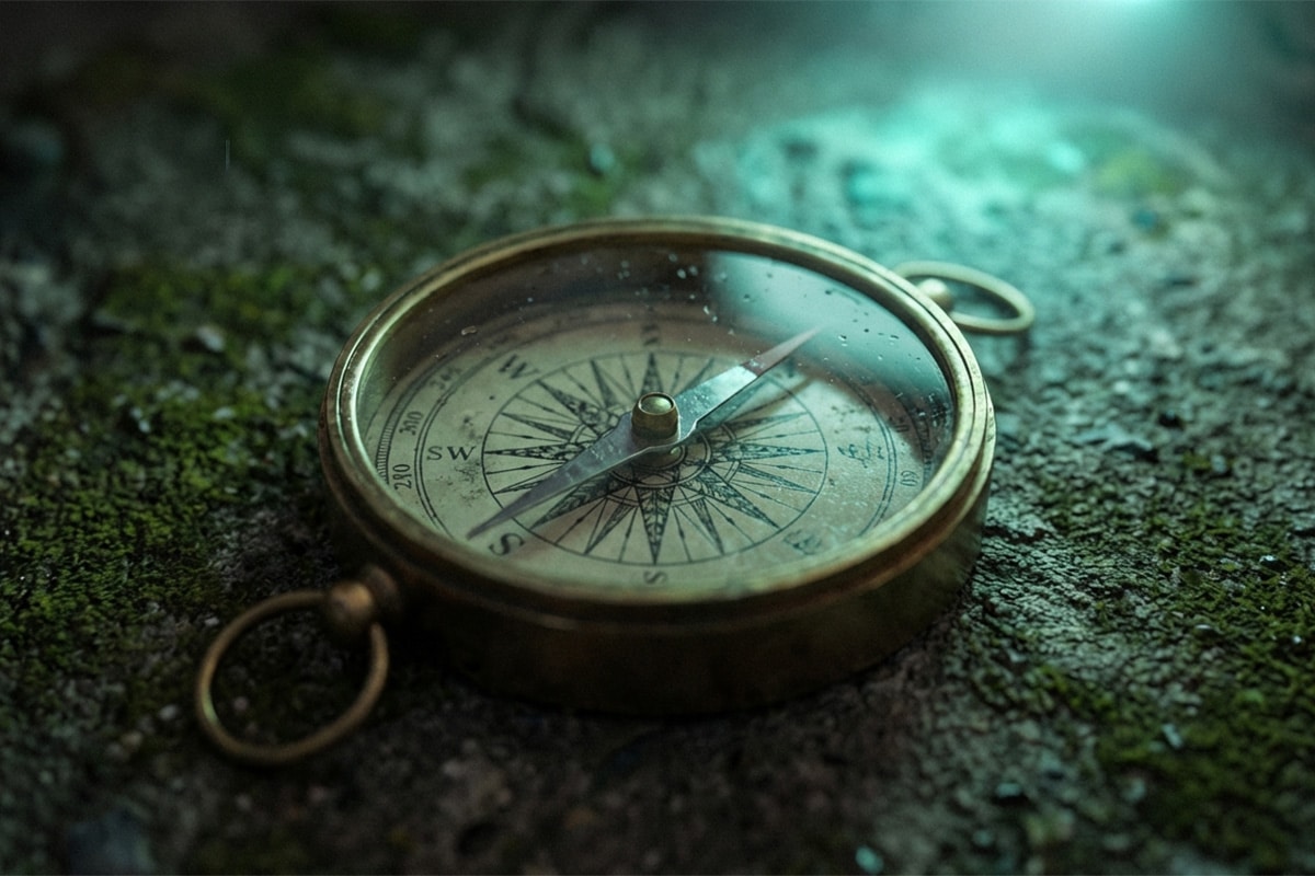 Close-up of a compass on rough concrete with the needle pointing toward a soft teal glow representing local search direction