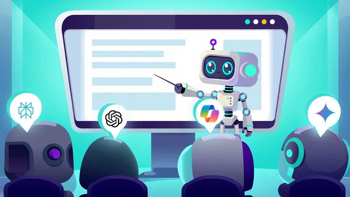 20 Miles North robot mascot Miles standing in front of logos for ChatGPT, Google, Perplexity and Copilot as if explaining a website to AI search