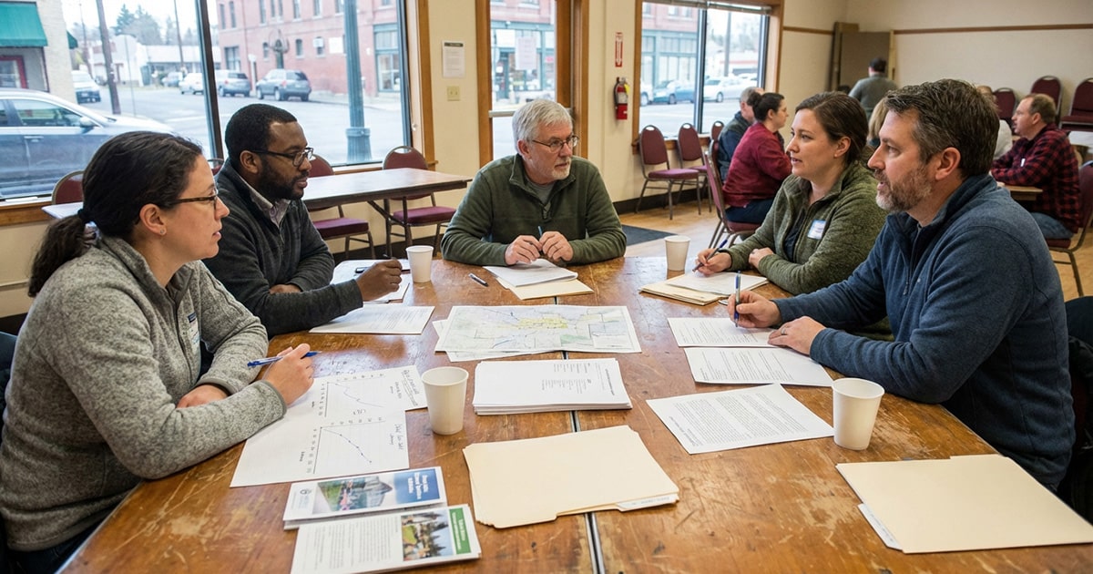 Volunteers gathered around a table at a Spokane non-profit organization reviewing printed materials