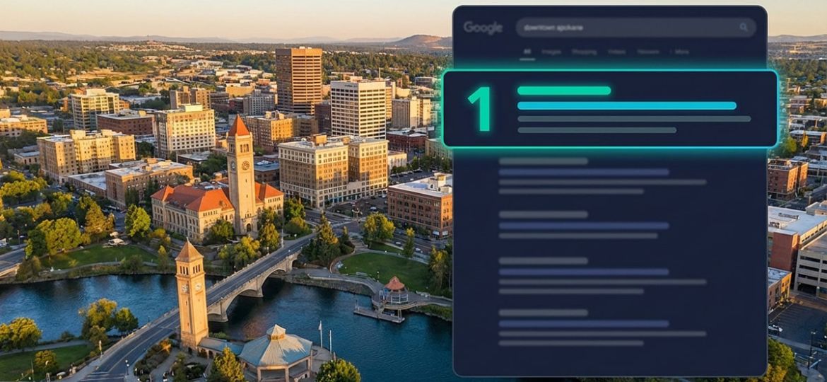 Aerial view of Spokane skyline with Google search results overlay showing local business ranking