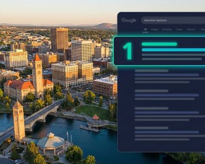 Aerial view of Spokane skyline with Google search results overlay showing local business ranking