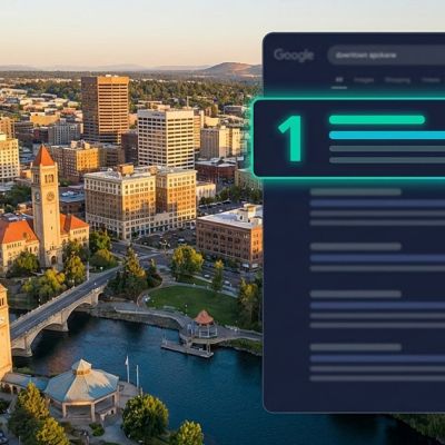 Aerial view of Spokane skyline with Google search results overlay showing local business ranking