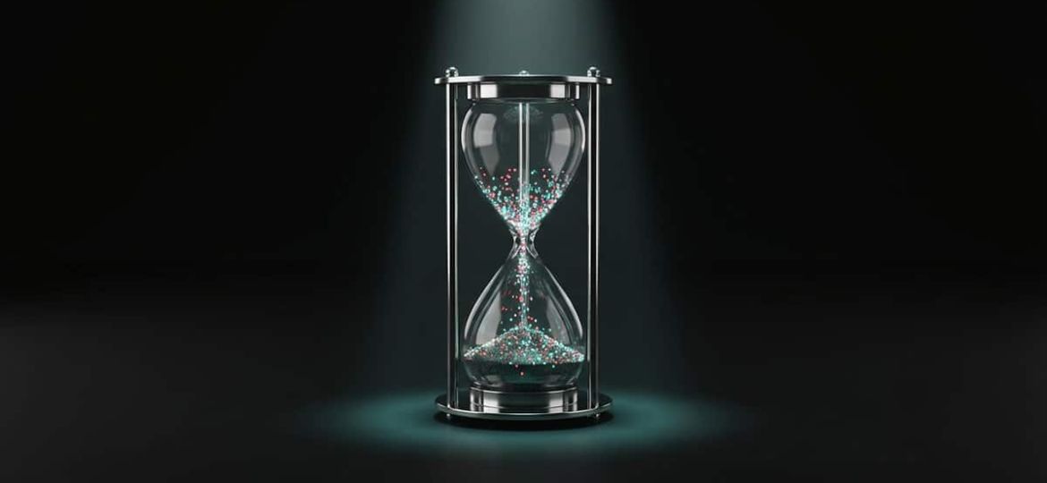 A single glowing hourglass with digital pixel sand draining against a dark background representing a slow website losing visitors