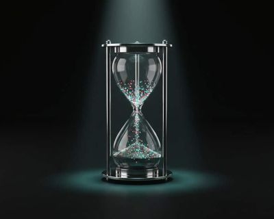 A single glowing hourglass with digital pixel sand draining against a dark background representing a slow website losing visitors