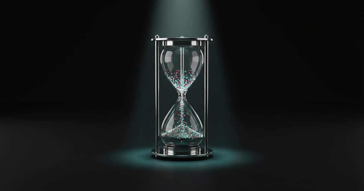 A single glowing hourglass with digital pixel sand draining against a dark background representing a slow website losing visitors