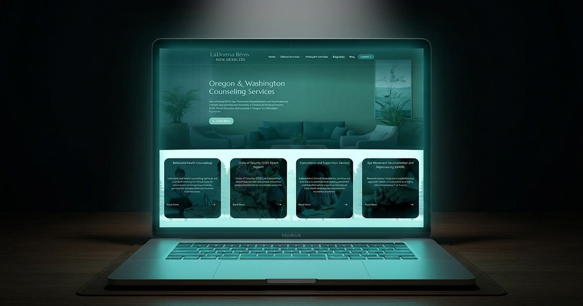 Custom counseling website displayed on a laptop screen with a calm, welcoming design
