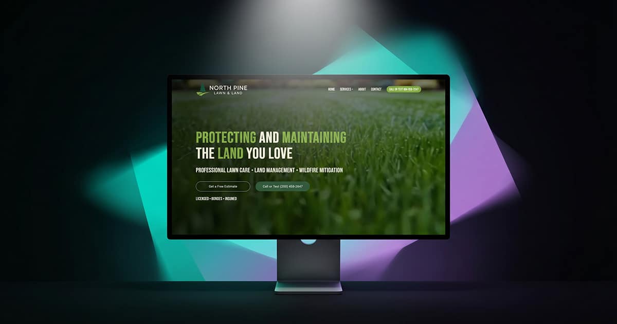 Landscaping company website displayed on a desktop monitor with teal and purple brand colors in the background