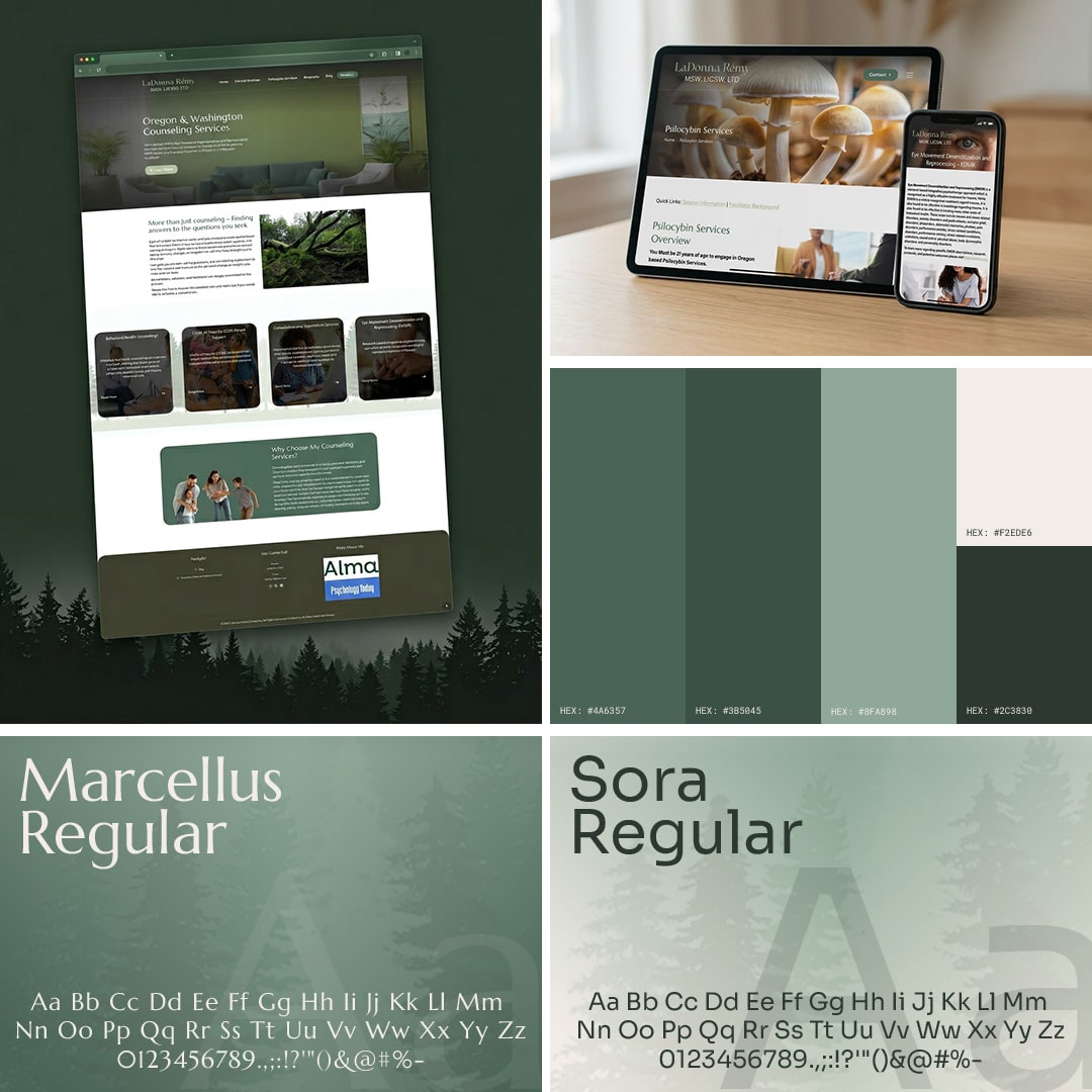 LaDonna Remy Counseling website mockup with brand color palette and typography samples in a project grid layout.