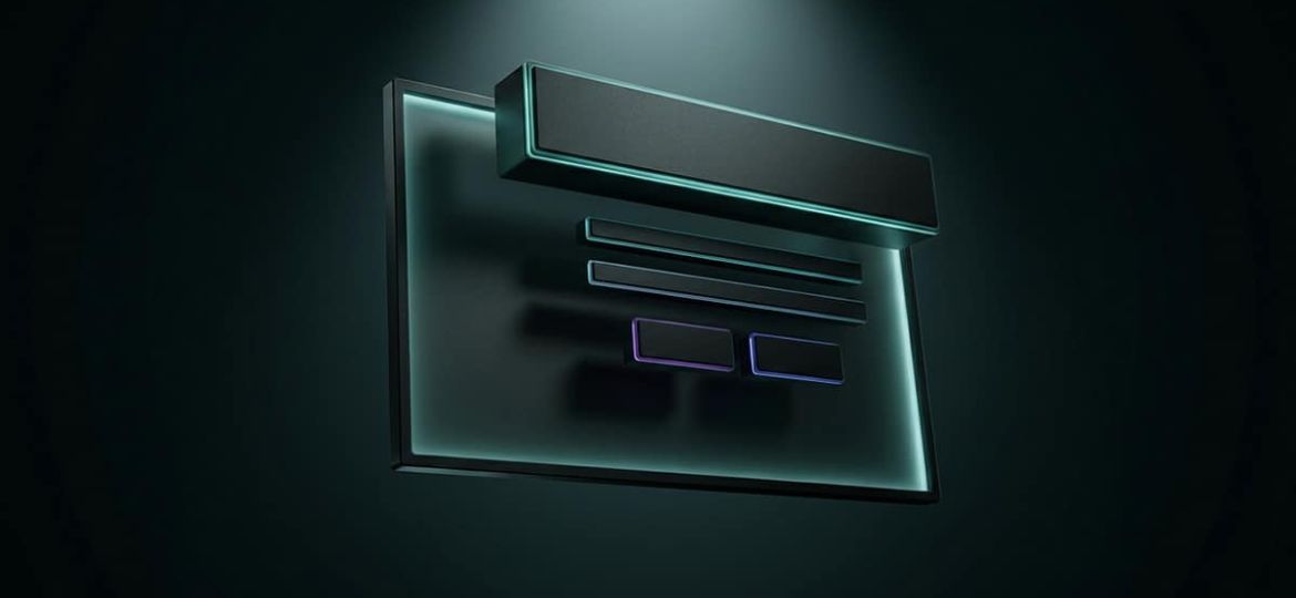 Geometric matte black blocks shaped like website hero components emerging from a glowing screen frame, with teal cyan purple and blue accent lighting