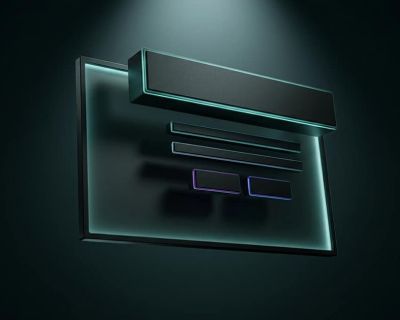 Geometric matte black blocks shaped like website hero components emerging from a glowing screen frame, with teal cyan purple and blue accent lighting