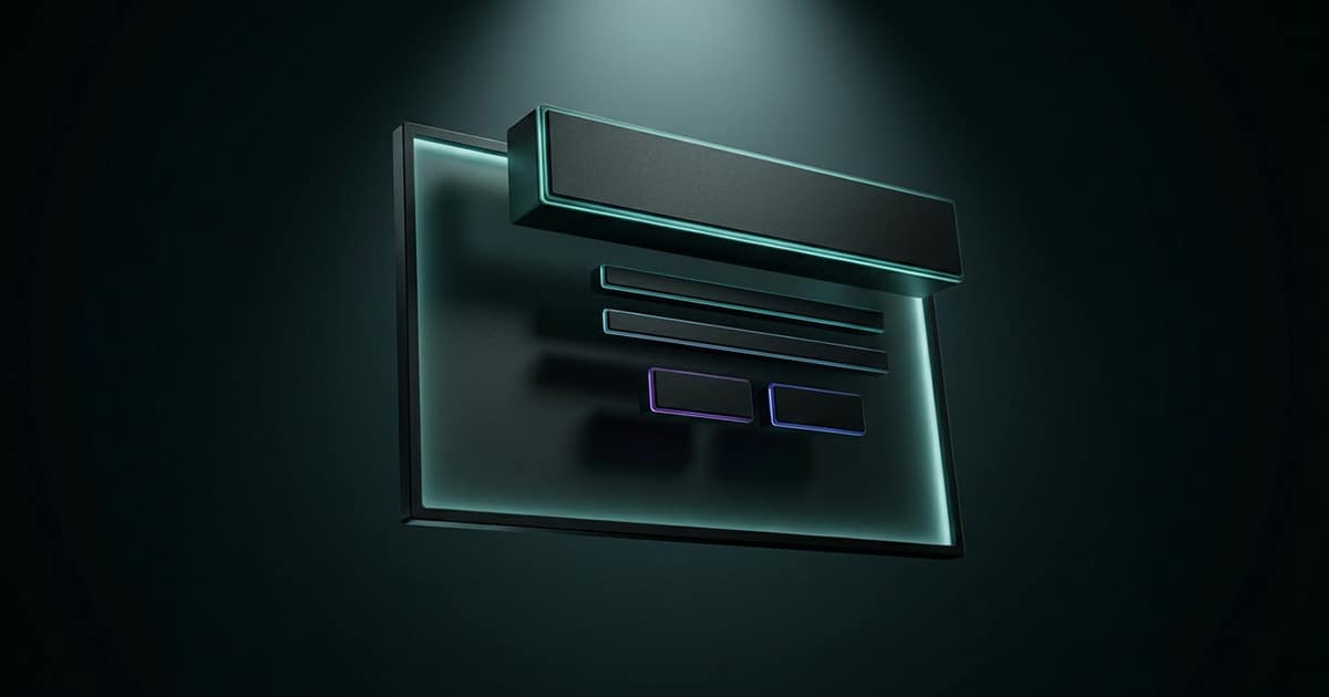 Geometric matte black blocks shaped like website hero components emerging from a glowing screen frame, with teal cyan purple and blue accent lighting