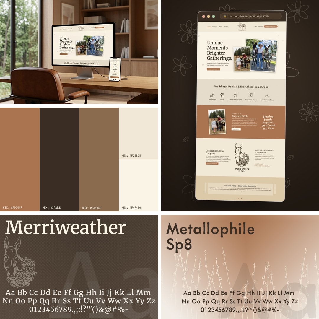 Harmony Beverage Donkeys website shown in a browser mockup with the brand color palette and typography samples in a project grid layout